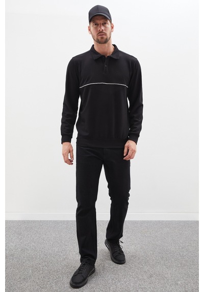 Fullamoda Çizgili Polo Yaka Yarım Düğmeli Sweatshirt Siyah