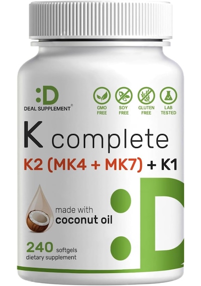 Deal Supplement Vitamin K 1 - K2 Complete Mk-7 And Mk-4 Bone Joint Immune Support 240 Coconut Oil Softgels