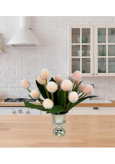 Yapay Çiçek Şampanya Rengi Pompon Çiçeği Dekoratif Yapay Çiçek 7 Toplu 30 20cm