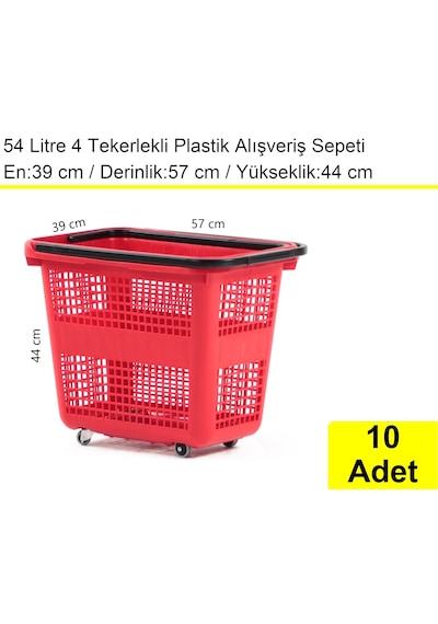 4 Tekerlek Plastik Alışveriş El Sepeti 54 Litre Kırmızı 10 Adet / En:42 Boy:54 Yükseklik:44 Cm