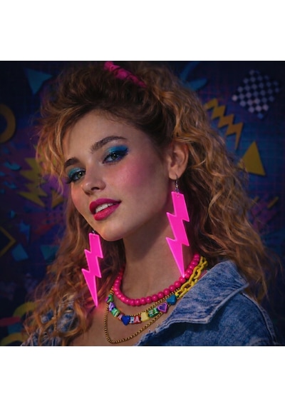 80 Ler 9039lar Retro Neon Pembe Şimşek Küpe 10 Cm "