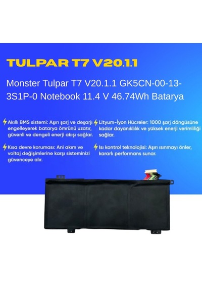 Monster Tulpar T7 V20.1.1 Gk5cn-00-13-3s1p-0 Notebook 11.4 V 46.74wh Batarya  Uyumlu, Yüksek Performanslı 60685451