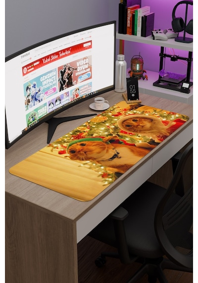 Yeni Yıl Kediler- Kedi- Yılbaşı V1 90x40 Xxl Gaming Kauçuk Kaymaz Taban Mouse Pad Fare Altlığı