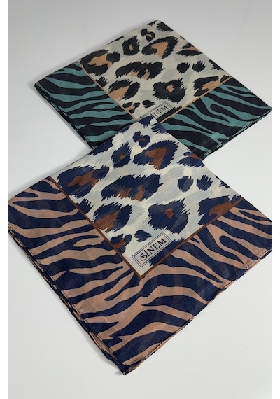 Sinem İndia Leopar Desen 2'li Eşarp -6294 Somon-mavi