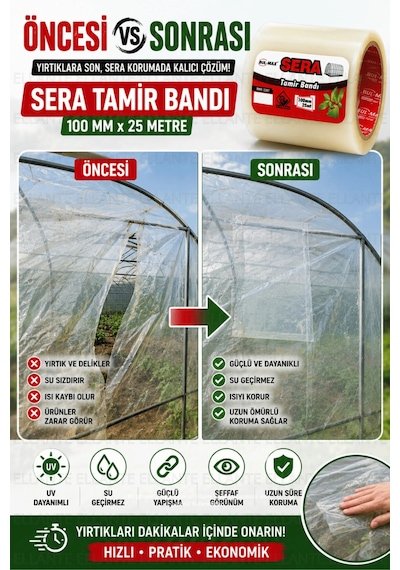 Sera Tamir Bandı 100 Mm X 25 Metre Şeffaf Uv Dayanımlı Güçlü Yapışkanlı Sera Naylonu Onarım Bandı