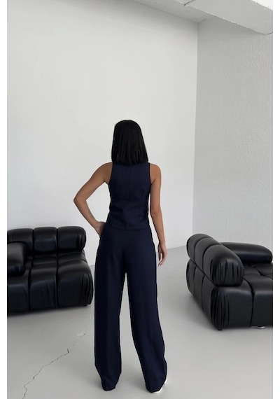 Defymoda Şal Yaka Düğmeli Yelek Lacivert