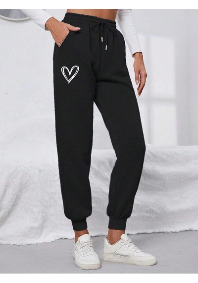 Heart Print Drawstring Waist 4 Mevsim Eşofman Siyah