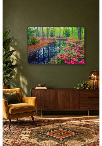Fida Pembe Açelyalı Orman Göleti Canvas Tablo Çok Renkli