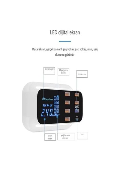 Doolike 8 Port Usb Hızlı Şarj İstasyonu Qc 3.0 + Type-c Amper Led Göstergeli Akım Koruma 1.5m Kablo Beyaz