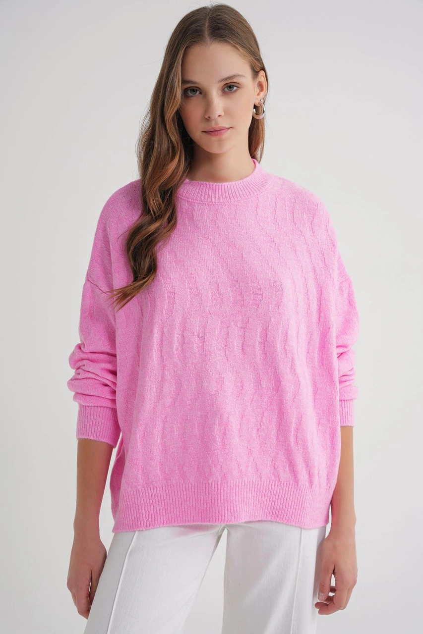 Mixray 6947 Kadın Kendinden Desenli Oversize Triko Kazak Pembe