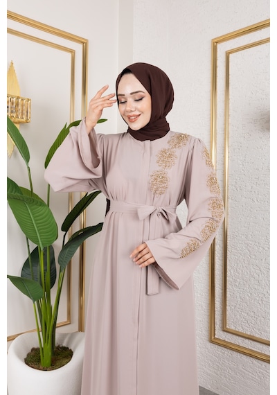 Nevayla Moda Sol Tarafı İnci Detaylı Ferace - Bej / F0140 Bej