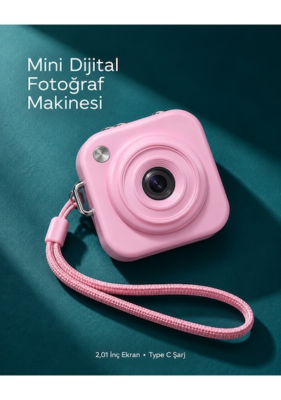 1. Cep Boy Pembe Dijital Fotoğraf Makinesi 2,01 İnç Ekran Ve Type C Şarj Android