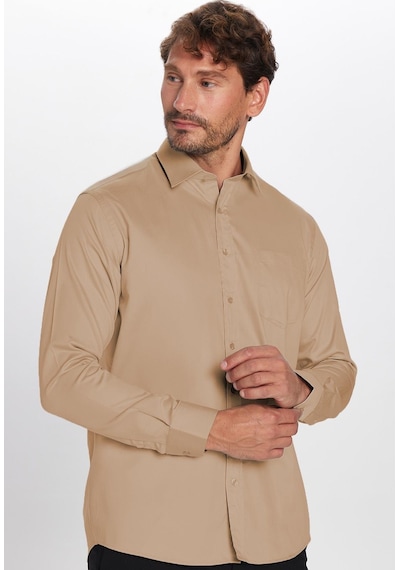 Tudors Erkek Regular Fit Klasik Kesim %100 Pamuk Saten Tek Cepli Krem Gömlek-32673 Krem