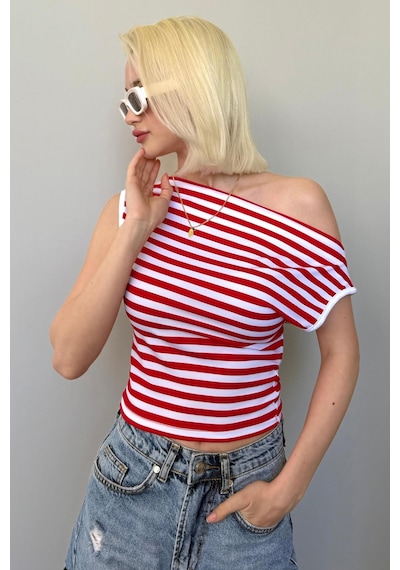 Madmext Kırmızı Düşük Omuz Çizgili Bluz Mg2467