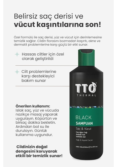 Tto Saç Ve Vücut Şampuanı 500 Ml Black Çay Ağacı Yağı / Tea Tree Oıl Tüm Saçlar