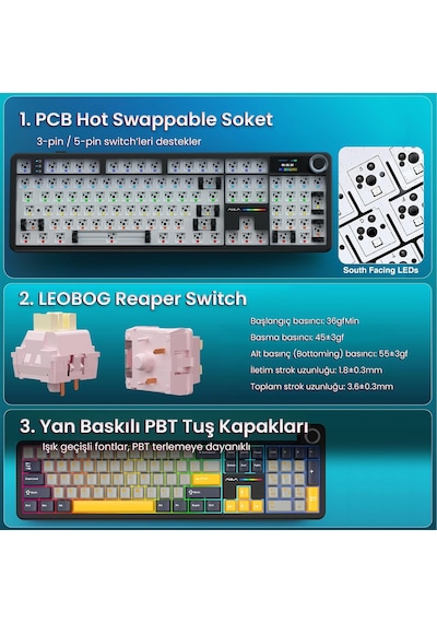 Aula F108 Pro Ekranlı Mekanik Klavye Reaper Switch Rgb Hot Swap 8000mah Makrolu Oyuncu Klavyesi Siyah