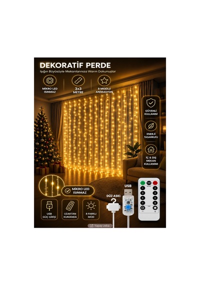 300 Ledli 10 Sarkıt Perde Led Işık Yılbaşı Oda Dekorasyon 8 Fonksiyon, Kumandalı, 3x3 Mt, Düz Askı