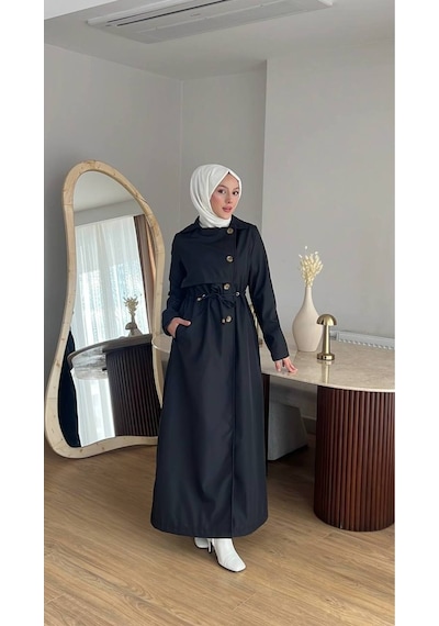 Esra Butik78 Kadın Düğmeli Trençkot Kendi Kumaşından Kemerli Model Siyah