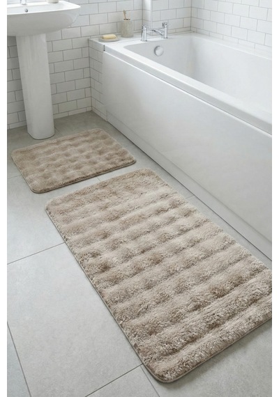 2 Li Peluş Bubble Banyo Paspas Seti 60x100+50x60 Cm Kaymaz Lateks Taban, Yumuşak Yüzey, Yıkanabilir Vizon