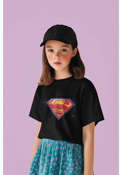 Sevbano Süperman Logo Baskılı Unisex Süper Kahraman Film Çocuk Tişört 1- SIYAH
