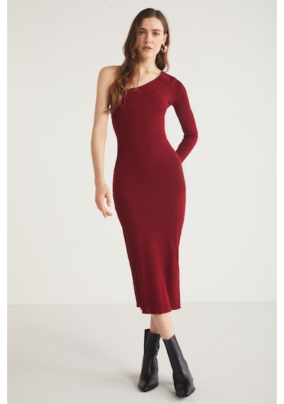 Ethıquet Reddısh Kadın Slim Fit Dar Kesim Vücudu Saran Kaşkorse Midi Boy Bordo Elbise