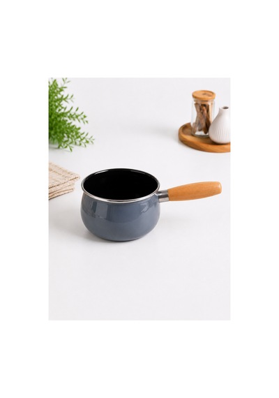 14 Cm Emaye Sütlük Ahşap Saplı Süt Cezvesi Sosluk 1200ml 9 Cm Derinlik Gri
