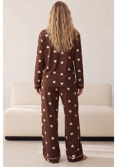 Siyah İnci Düğmeli Biyeli Oversize Pamuklu Örme Pijama Takım 8071 Kahverengi