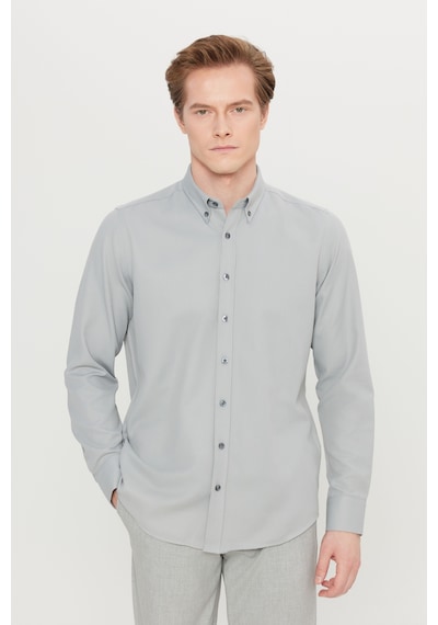 Altınyıldız Classıcs Erkek Grı Pamuklu Tailored Slim Fit Dar Kesim Düğmeli Yaka Armürlü Gömlek Gri