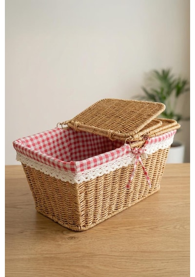Digithome Kapaklı Rattan Vintage Dantelli Dikdörtgen Piknik Sepeti -9t14 U/6 Kahverengi