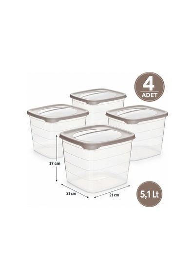 Porsima 0976 4'lü Kare Erzak Saklama Kabı Seti 5,1 Lt Cafe Latte - Şeffaf Bakliyat, Deterjan & Mutfak Düzenleyici Kutu Kahverengi