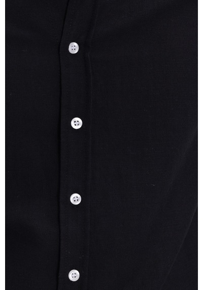 Tudors Erkek Slim Fit Dar Kesim %100 Pamuk Keten Doku Düğmeli Yaka Siyah Gömlek-26926
