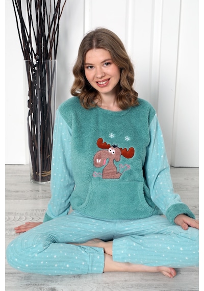 Wordex Fwn 04-3301 Peluş Welsoft Polar Kışlık Yumoş Geyikli Kadın Pijama Takımı Yeşil