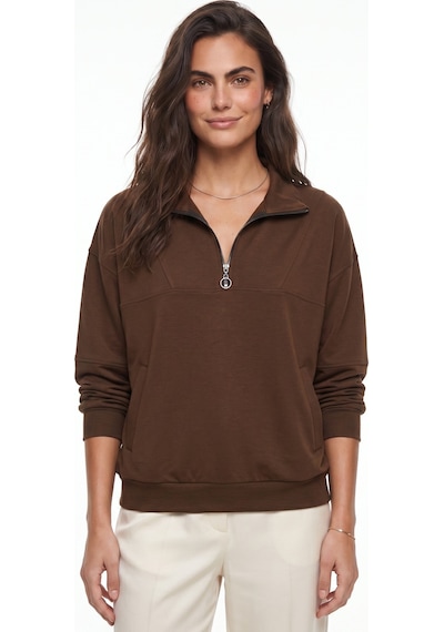 Onloox Kadın Acı Kahve Acı Kahve Pamuklu Modal Dik Yaka Oversize Yarım Fermuarlı Cep Detaylı Sweatshirt Acı Kahverengi