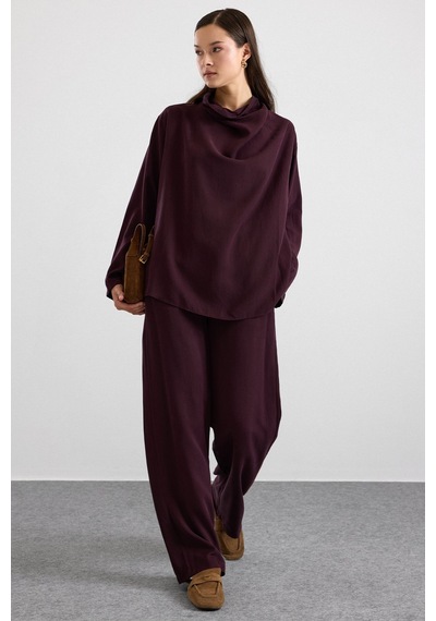 Olcay Degaje Yaka Oversize Pantolon Bluz İkili Takım Mürdüm 9483-tk