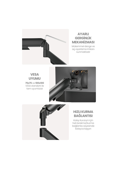Çiftli Monitör Kolu Vesa Uyumlu Hareket Ayarlanabilir Monitör Standı 17-32" 9+9 Kg Kapasite Tutucu