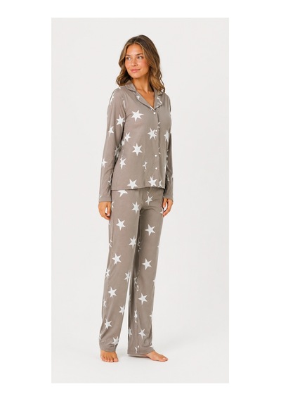 Sleeproom Kadın Süet Mevsimlik Uzun Kol Bej Yıldız Çizgi Desen Pijama Takımı