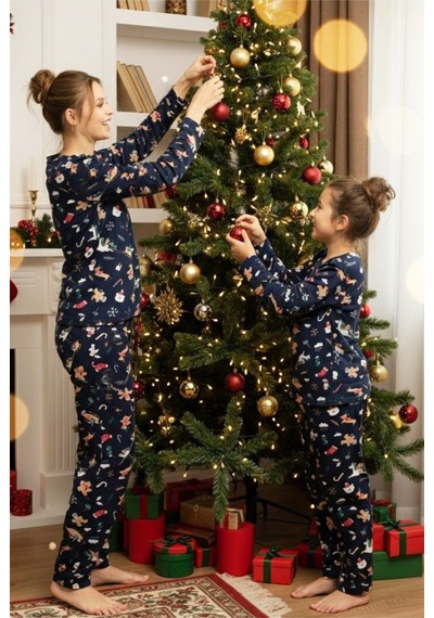 Siyah İnci Yılbaşı Desenli Pamuklu Bisiklet Yaka Örme Pijama Takım 25241140 Lacivert