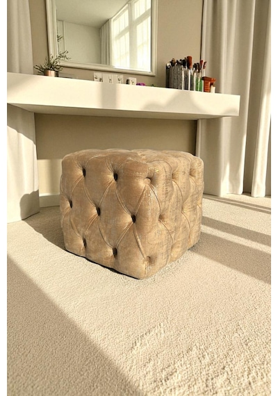 Küp Puf - Best İthal Kadife Babyface Kumaş Varak Baskı - Modern Ve Şık Dekoratif Puf&bench Sütlü Kahverengi