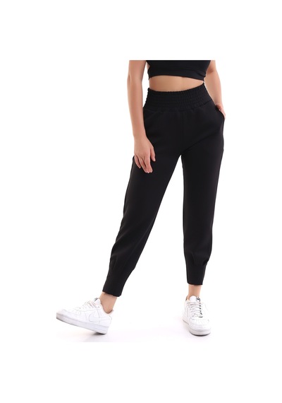 Winmoda34 Scuba Dalgıç Jogger Eşofman Altı Yüksek Bel Geniş Kemer Paça Pile Detaylı Siyah