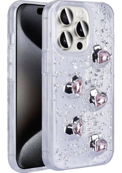 Apple Uyumlu iPhone 15 Pro Max Kılıf Airbagli Simli Arka Yüzey Zore Işıltı Silikon Kapak Beyaz-kalp