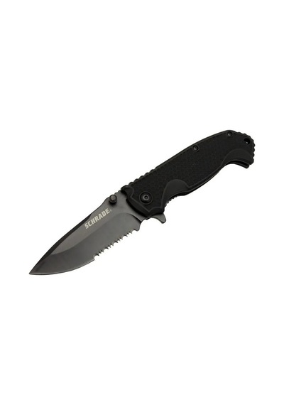 Muhtelif Schrade 5-1 Siyah Kamp Çakı 20cm- Yarı Otomatik, Testere Detaylı, Kemerlikli