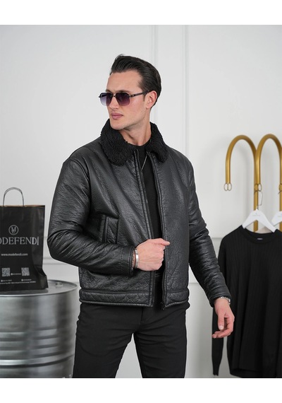 Modefendi Orta Slim Fit İçi Elyaf Yaka Kürk Detaylı İthal Deri Yan Cep Deri Mont Siyah