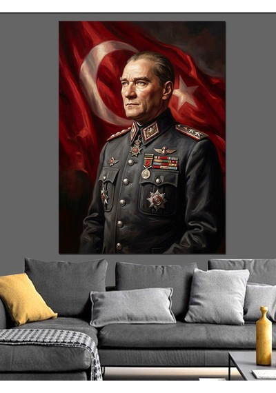 Atatürk Al Bayrak Önünde Üniformalı Dekoratif Kanvas - Mdf Ahşap Tablo