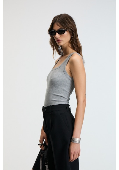 Ethıquet Lıllesol Kadın Fitilli Görünümlü Slim Fit Vücuda Oturan Havuz Yakalı Pamuklu Basic Antrasit