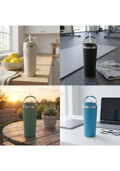 660 Ml Pipetli Paslanmaz Çelik Termos Kupa - 4 Renk Seçeneği Krem, Yeşil, Siyah, Mavi - Büyük Boy Venti Sıcak Ve Soğuk Tutan Mug Yeşil Açık Beyaz