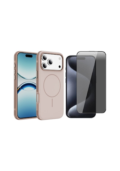 Vendas Apple iPhone 17 Pro Uyumlu Joko Neksa M-safe Kapak + Privacy Cam Ekran Koruyucu Pembe
