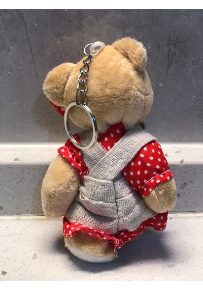 Sevimli Elbiseli Tulumlu Ayıcık Peluş Oyuncak Anahtarlık Uyku Arkadaşı Hediyelik 12 Cm Bordo
