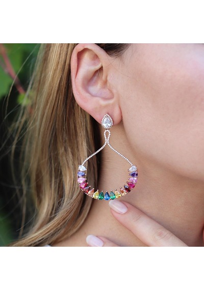 Renkli Zirkon Taşlı Damla Modeli Rose Gold Kaplama Gümüş Küpe Gümüş