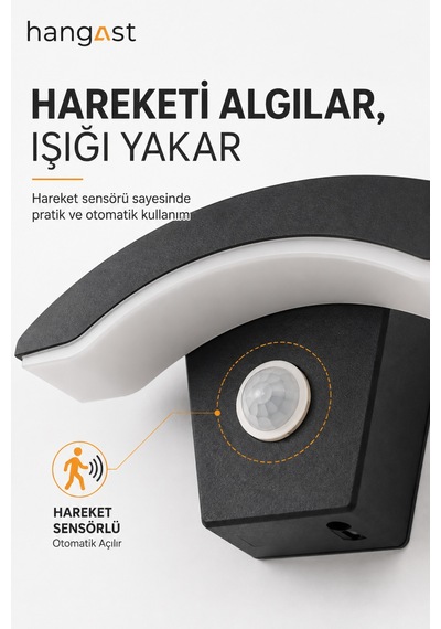 Sensörlü Yarım Ay Led Aplik 24w 1800 Lm 3200k Sıcak Beyaz Hareket Sensörlü Duvar Lambası Siyah