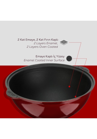 Lava Döküm Yuvarlak Özbek Kazanı / Tencere. Döküm Demir Yekpare Kulplu Çap Ø 30cm.-bordo Bordo